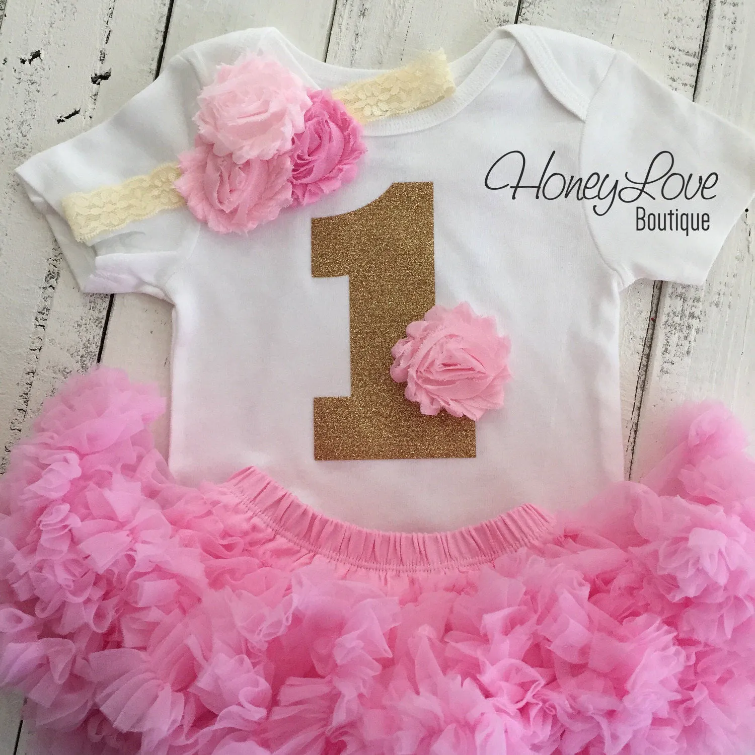 1st Birthday Outfit - Light Pink and Gold glitter