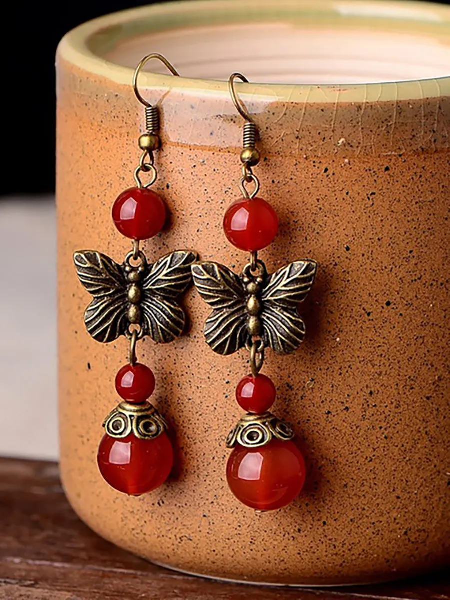 (2 Pairs )Retro Butterfly Red Agate Earrings