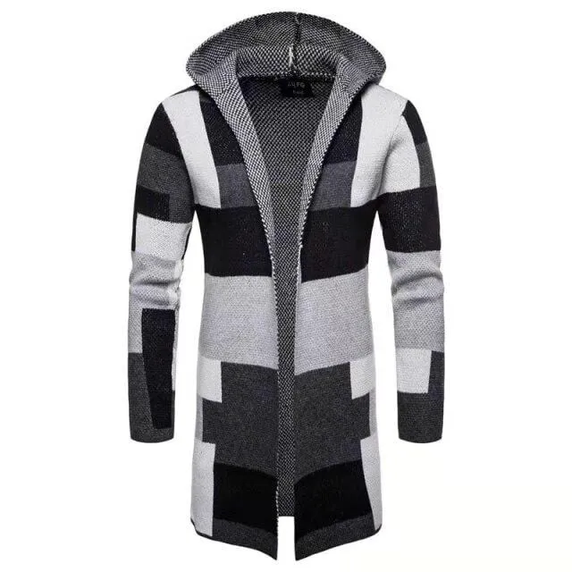 2021 Autumn Winter New Men's Sweater Casual Color Matching Mid-length Loose Thick Hooded Knitted Men's Coat Cardigan Jacket