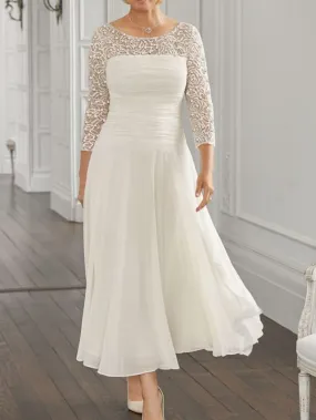 A-Line Mother of the Bride Dress Elegant Jewel Neck Ankle Length Chiffon Lace 3/4 Length Sleeve with Sequin Ruching 2023