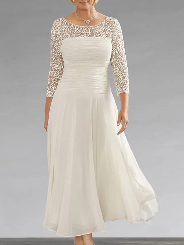 A-Line Mother of the Bride Dress Elegant Jewel Neck Ankle Length Chiffon Lace 3/4 Length Sleeve with Sequin Ruching 2023