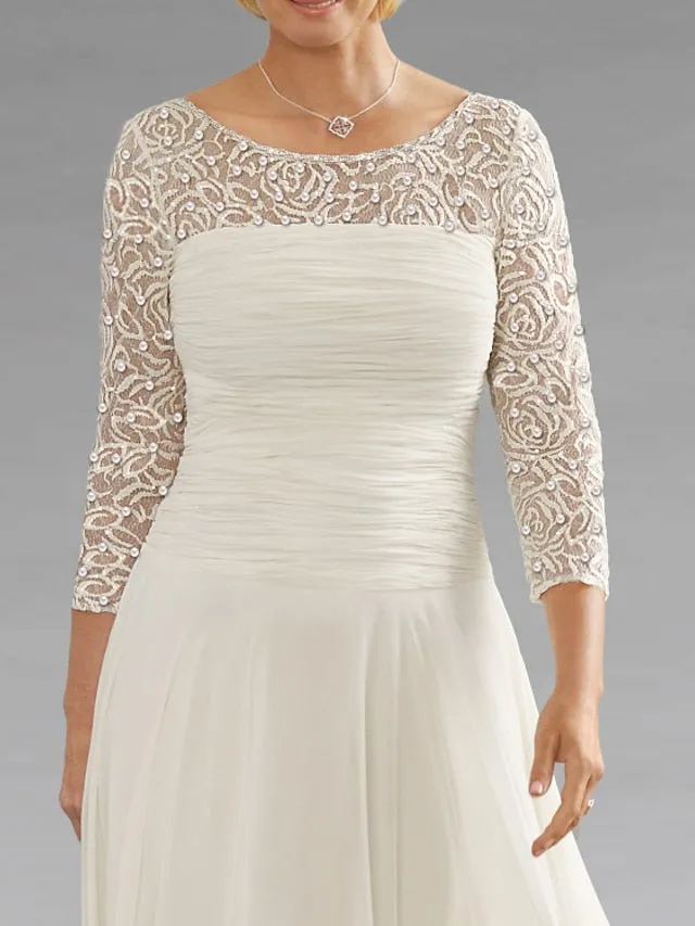 A-Line Mother of the Bride Dress Elegant Jewel Neck Ankle Length Chiffon Lace 3/4 Length Sleeve with Sequin Ruching 2023