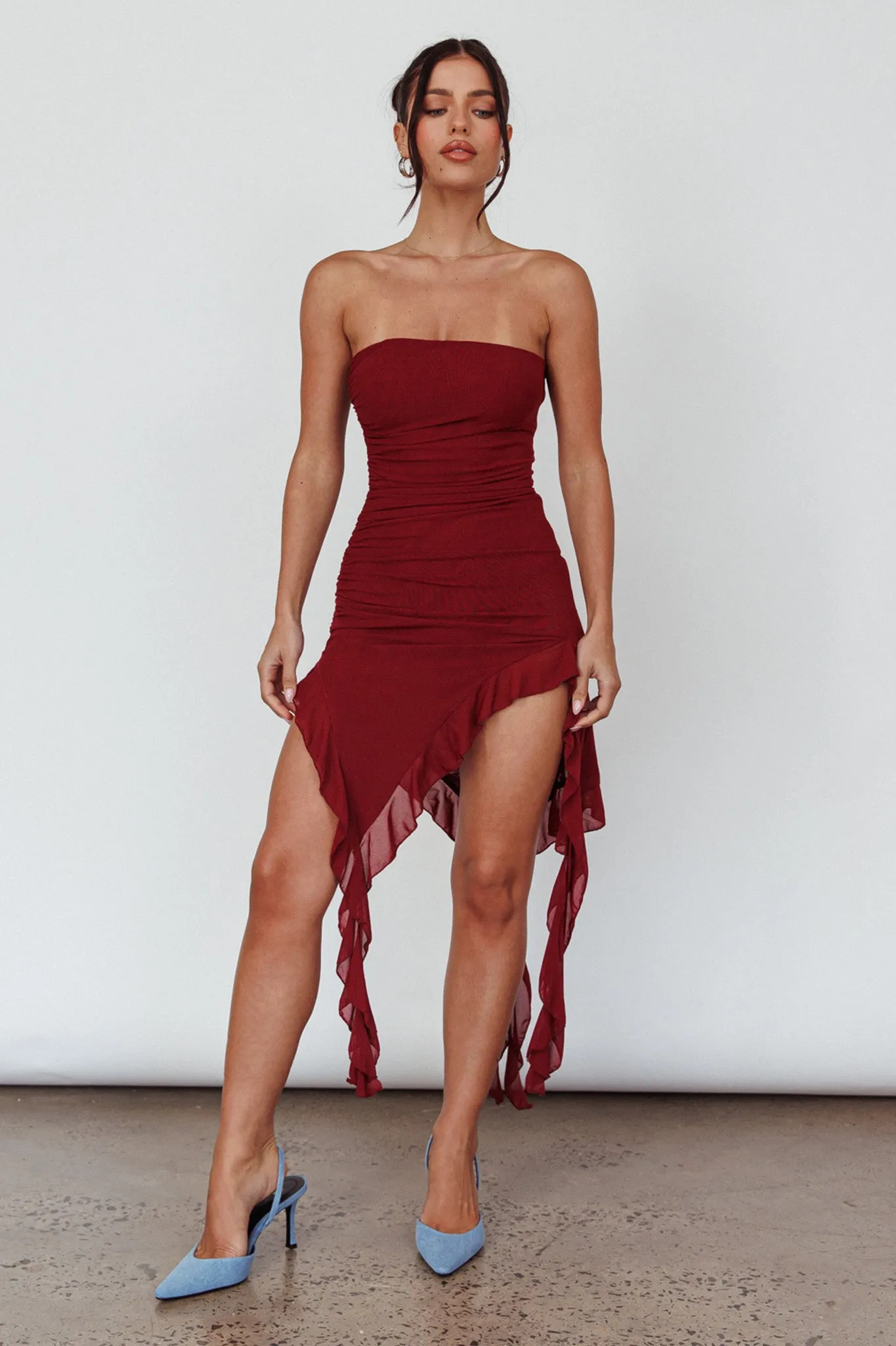 After Party Ruffle Trim Mini Dress Sangria