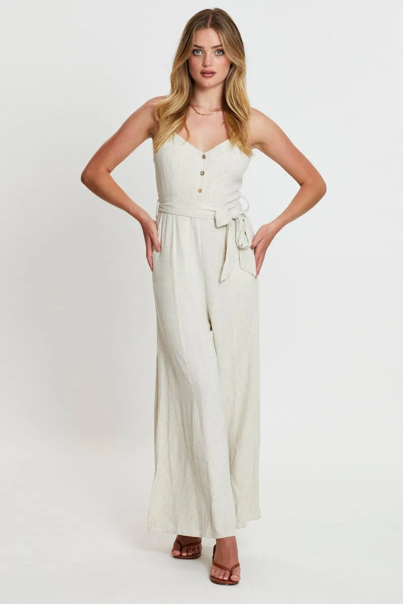 Beige Jumpsuit V Neck Linen