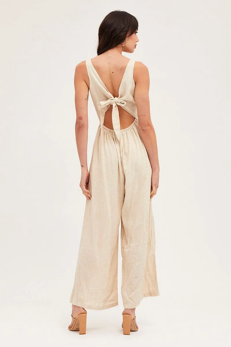 Beige Jumpsuit V Neck Linen