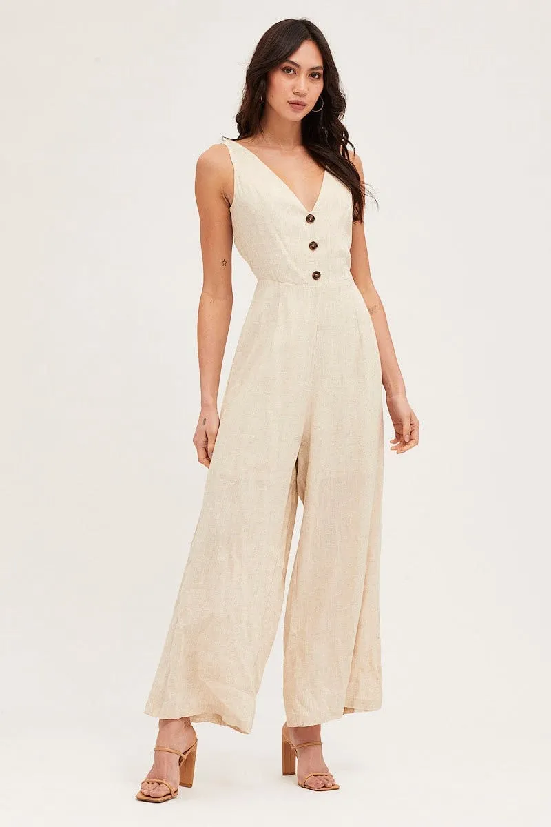 Beige Jumpsuit V Neck Linen