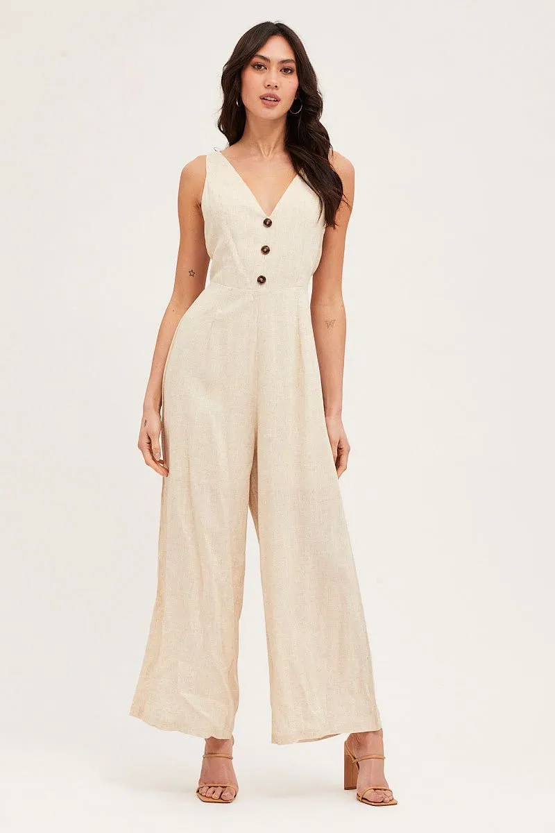 Beige Jumpsuit V Neck Linen