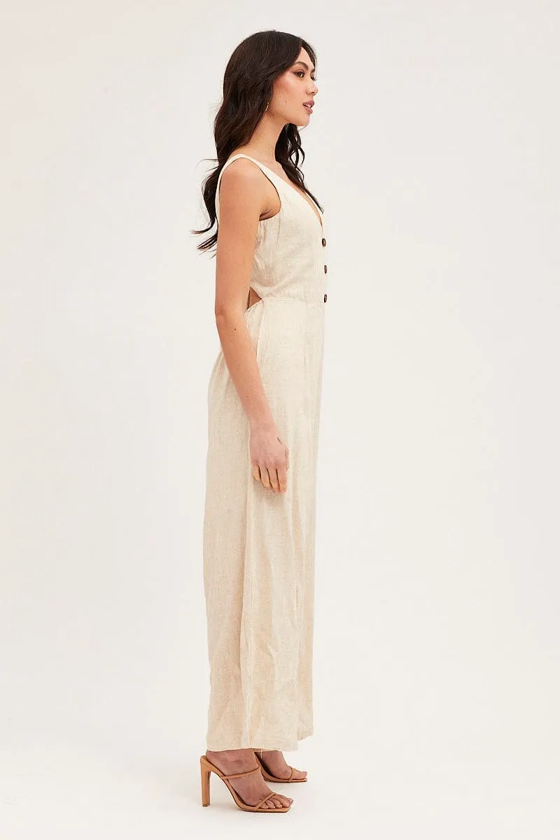 Beige Jumpsuit V Neck Linen