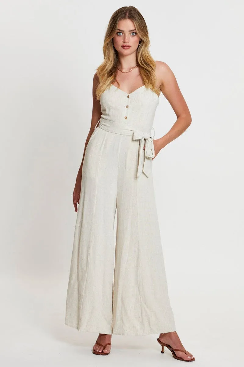 Beige Jumpsuit V Neck Linen