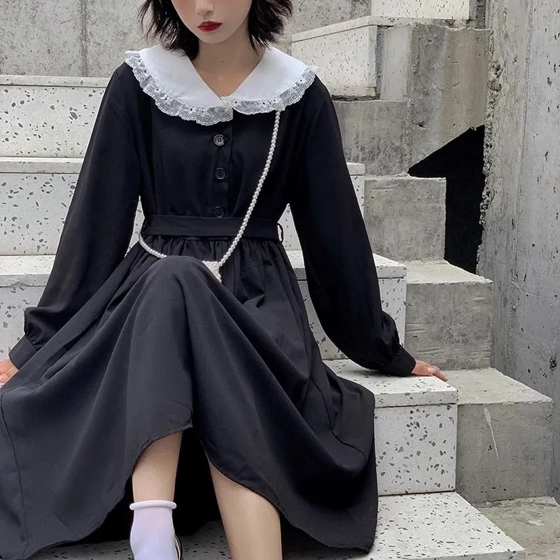 Christmas Gift Autumn Gothic Lolita Kawaii Dress Women Peter Pan Collar Long Sleeve Black Midi Dress Lace-up Mall Goth Japanese Harajuku