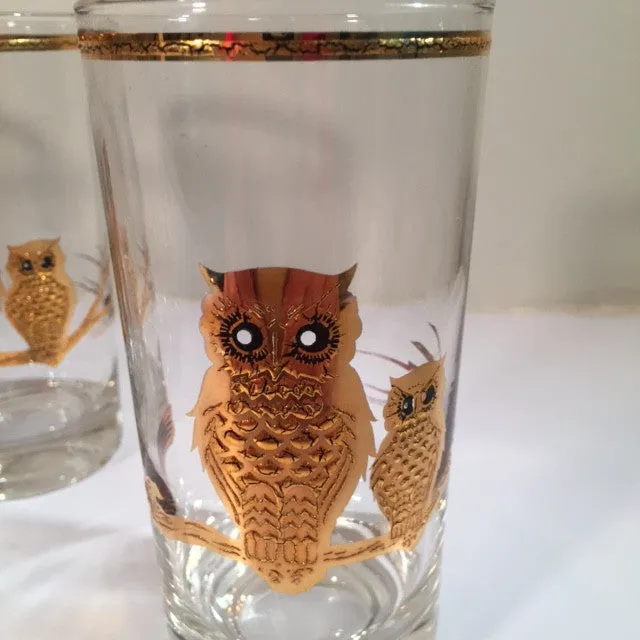 Culver Signed 22-Karat Gold Retro Owl Glasses - Tall (Set of 7)