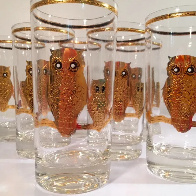 Culver Signed 22-Karat Gold Retro Owl Glasses - Tall (Set of 7)