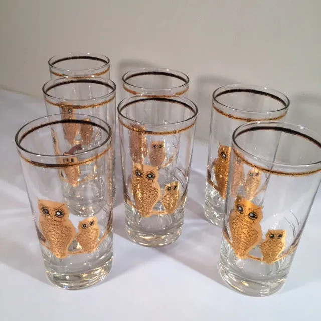 Culver Signed 22-Karat Gold Retro Owl Glasses - Tall (Set of 7)