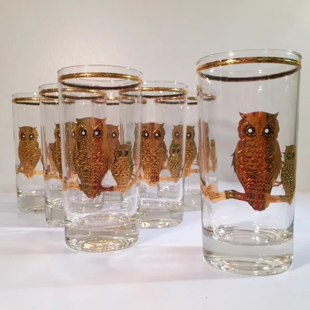 Culver Signed 22-Karat Gold Retro Owl Glasses - Tall (Set of 7)