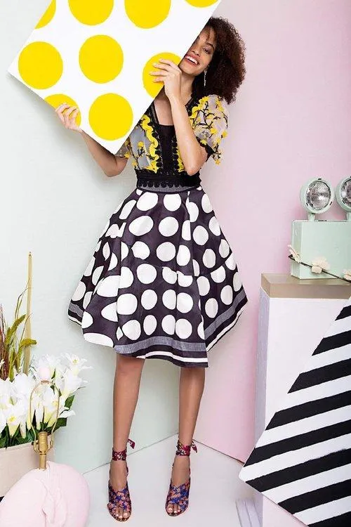 Designer limited edition unique 1950s vintage inspired retro large polka structured irregular hem slit satin skirt