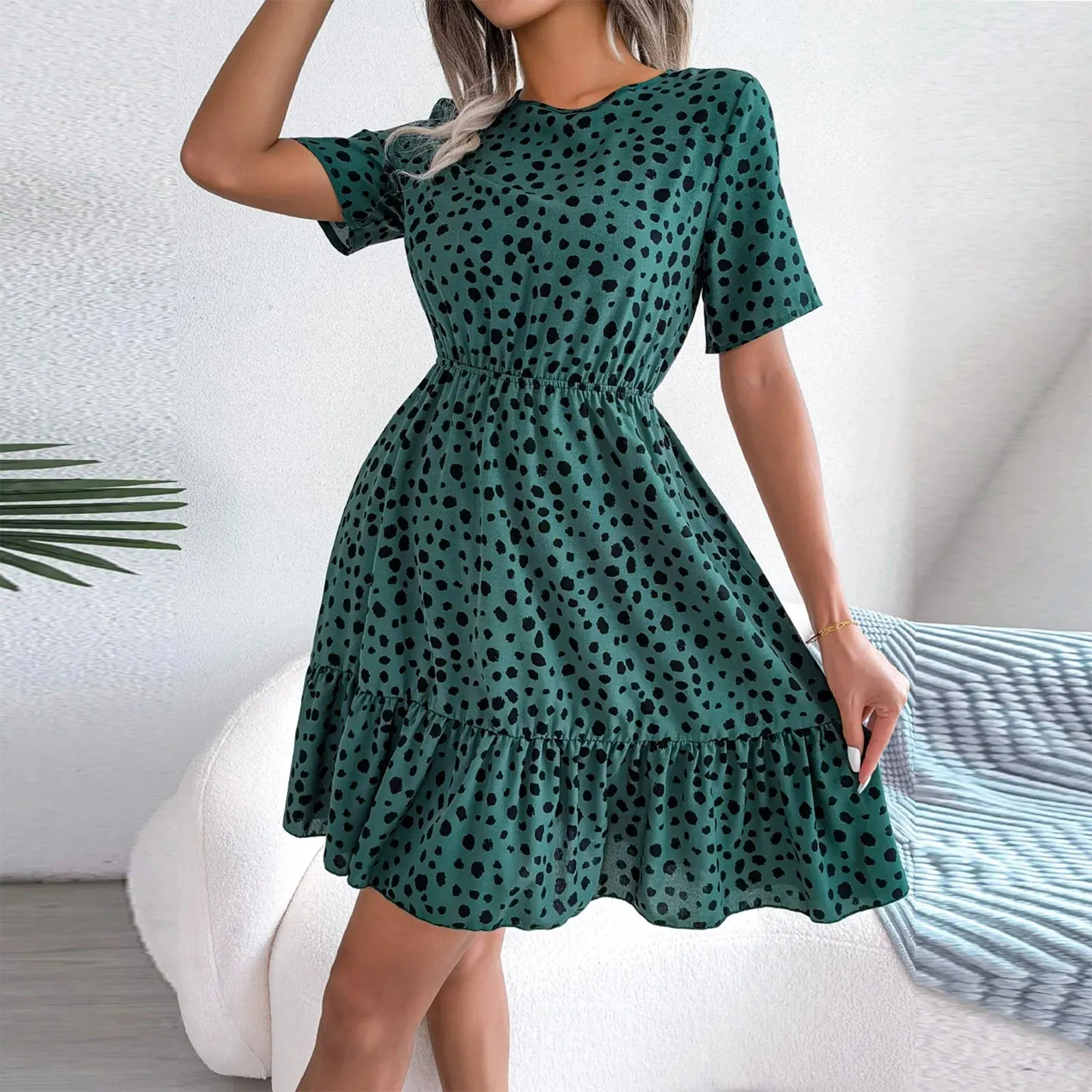 DressBetty - 2024 Casual Summer Flower Beach Polka Dot Waist Ruffle Swing Midi Dress