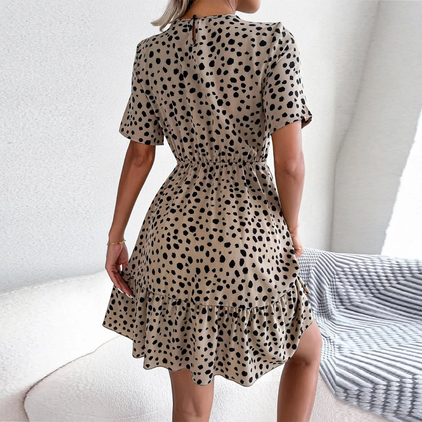 DressBetty - 2024 Casual Summer Flower Beach Polka Dot Waist Ruffle Swing Midi Dress