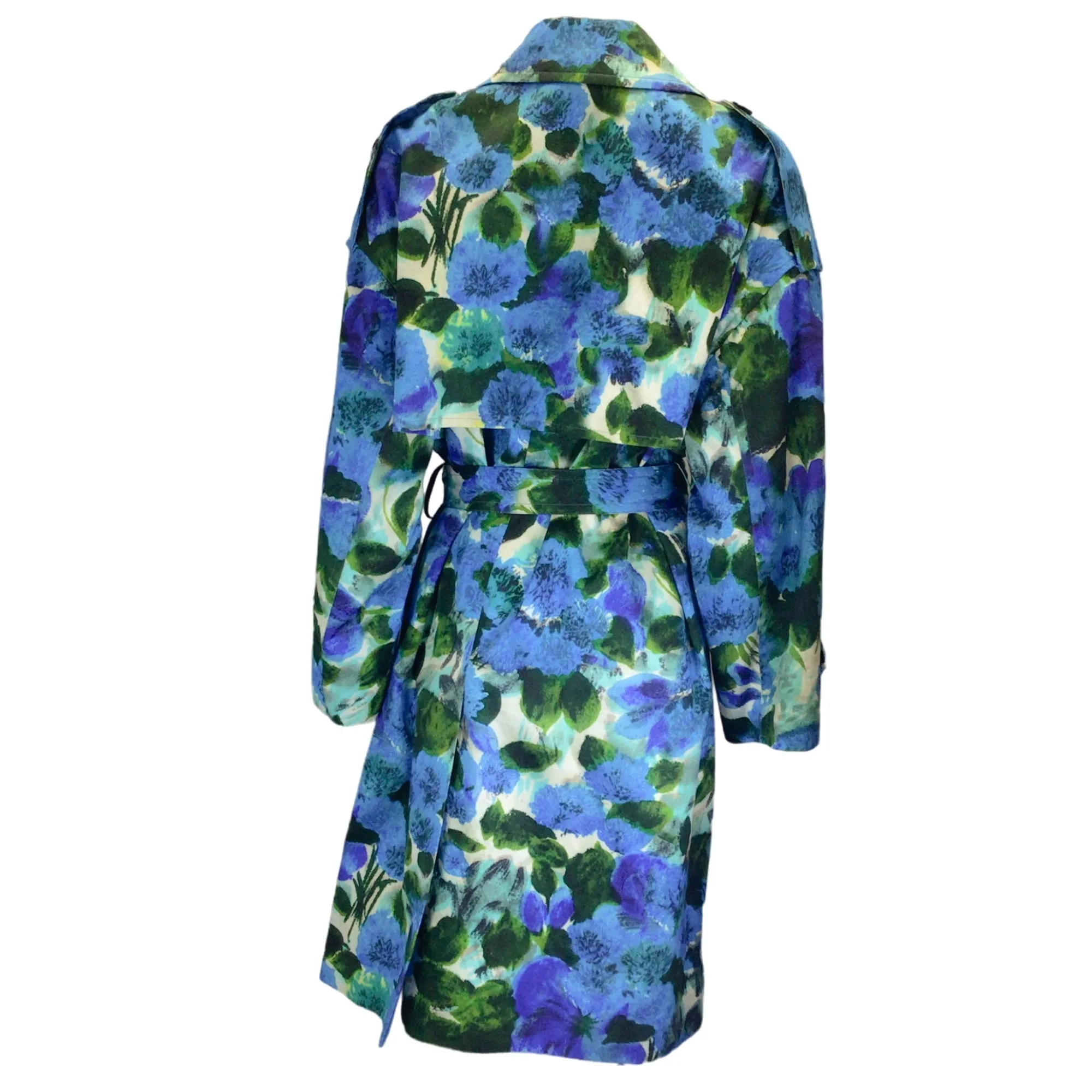 Dries van Noten Blue / Green Printed Belted Cotton Trench Coat