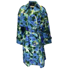 Dries van Noten Blue / Green Printed Belted Cotton Trench Coat