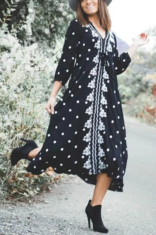 Embroidery V Neck Long Sleeve Maxi Dress