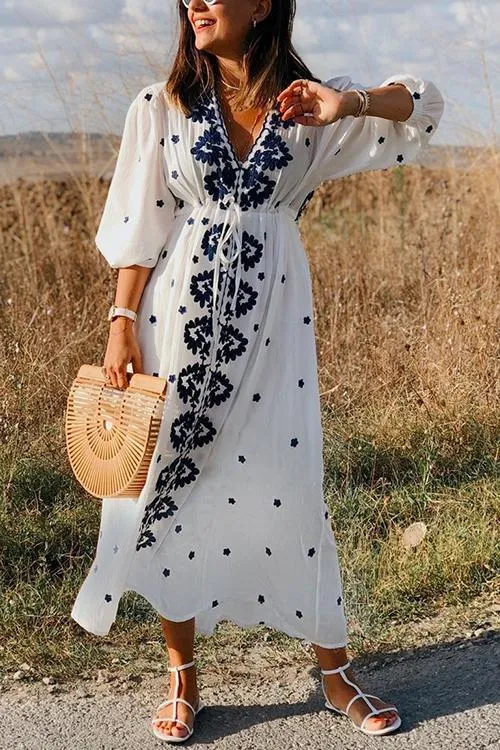 Embroidery V Neck Long Sleeve Maxi Dress