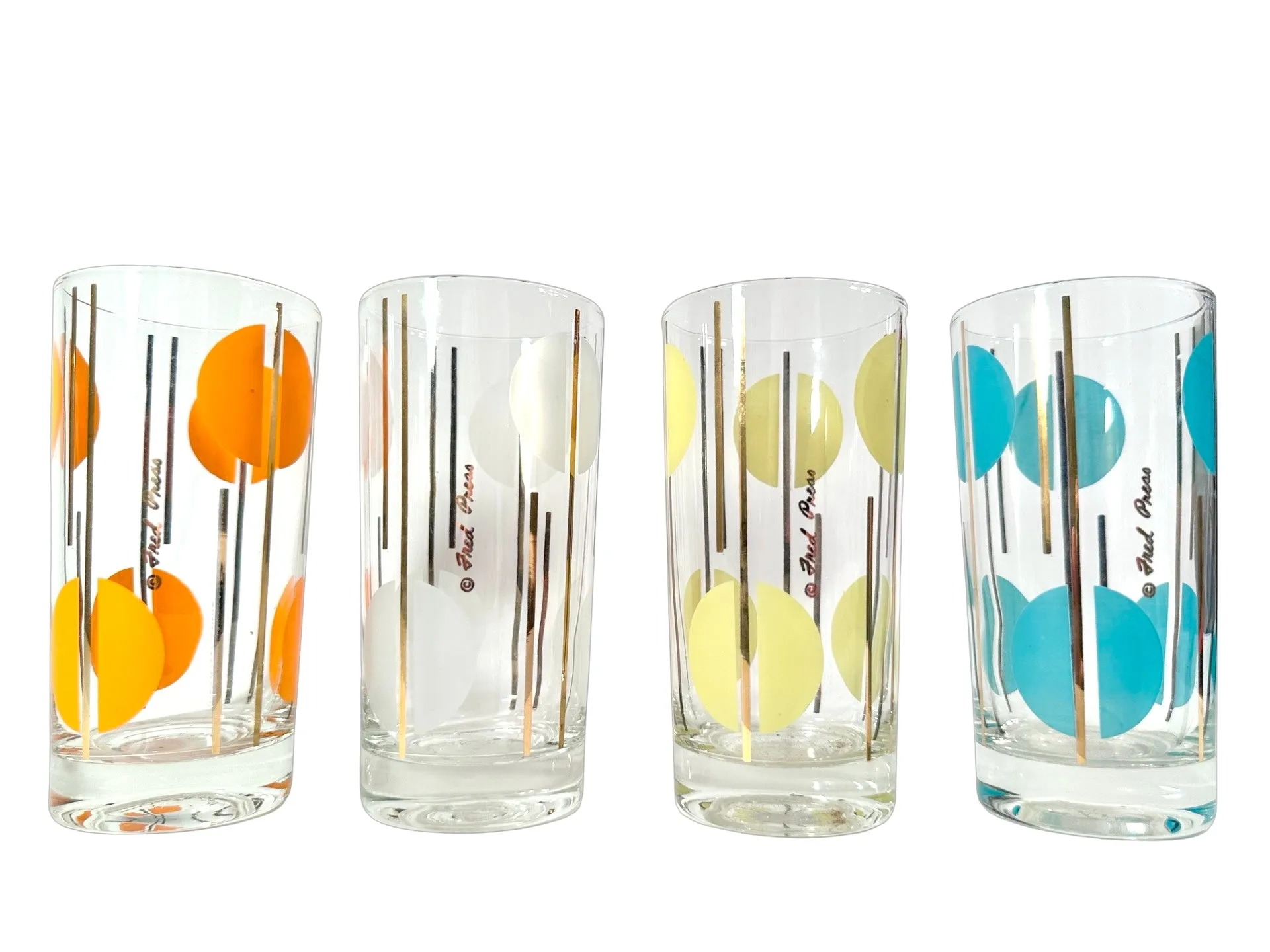 Fred Press Signed Mid-Century Multi Colored Polka Dot Glasses (Set of 4)