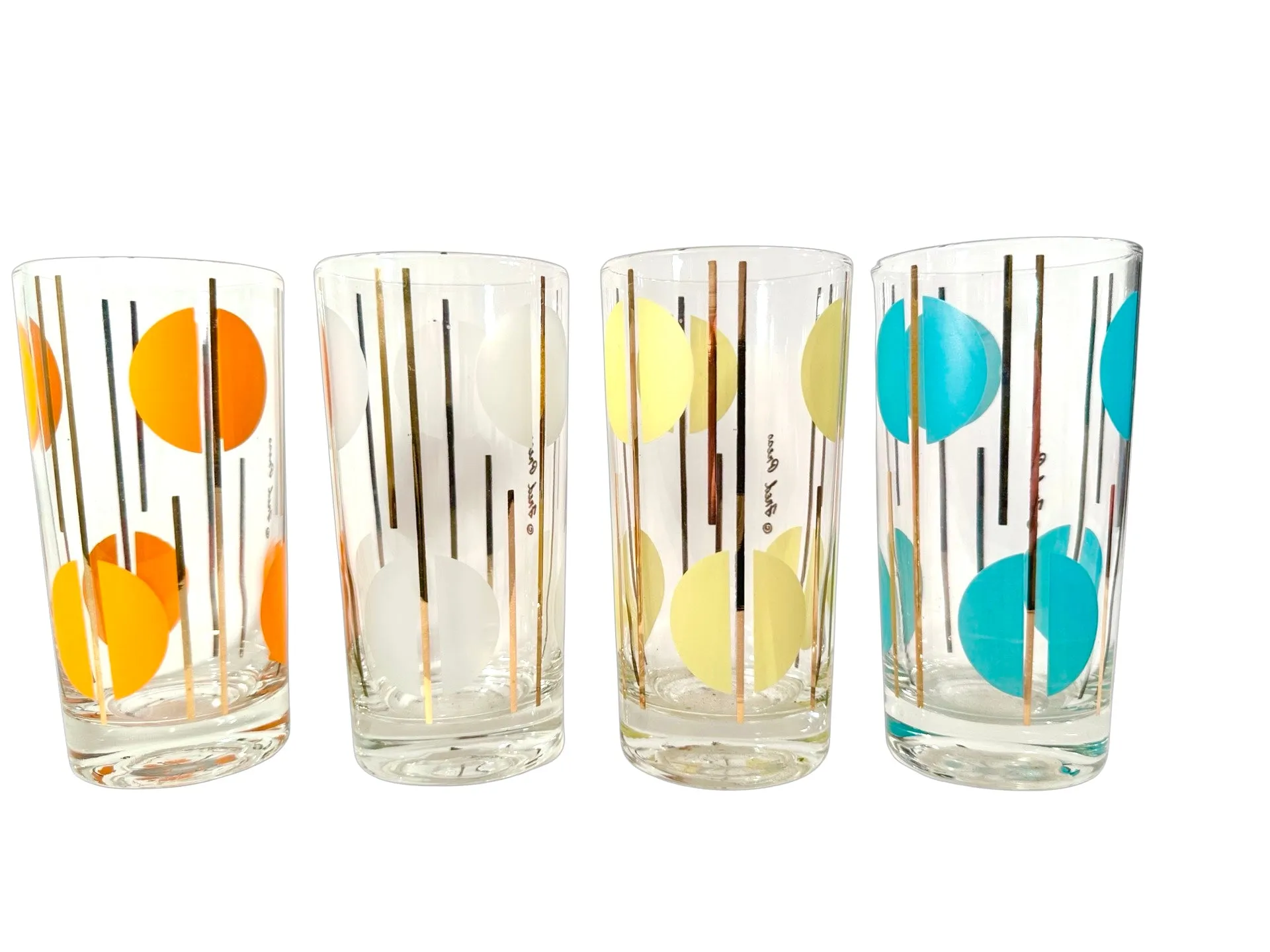 Fred Press Signed Mid-Century Multi Colored Polka Dot Glasses (Set of 4)