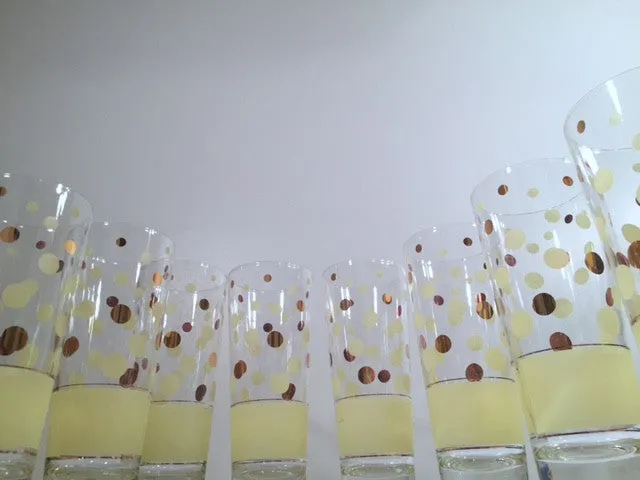 Fred Press Signed Mid-Century Yellow and 22-Karat Gold Polka Dot Tall Collins Glasses (Set of 7)