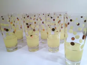 Fred Press Signed Mid-Century Yellow and 22-Karat Gold Polka Dot Tall Collins Glasses (Set of 7)