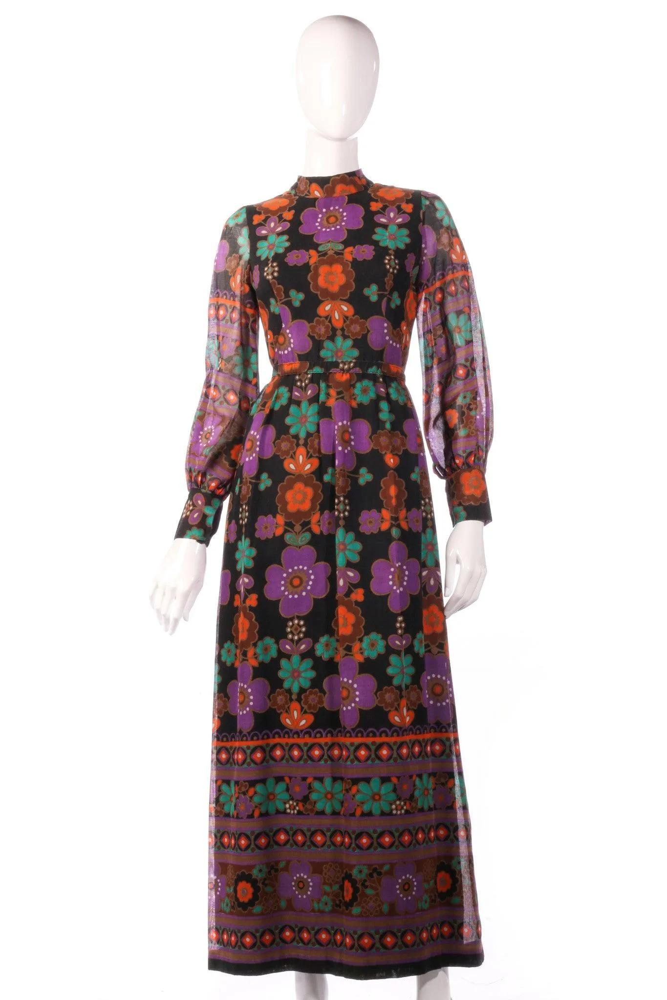 Full length purple and orange floral dress with sheer sleeves, size 8/10