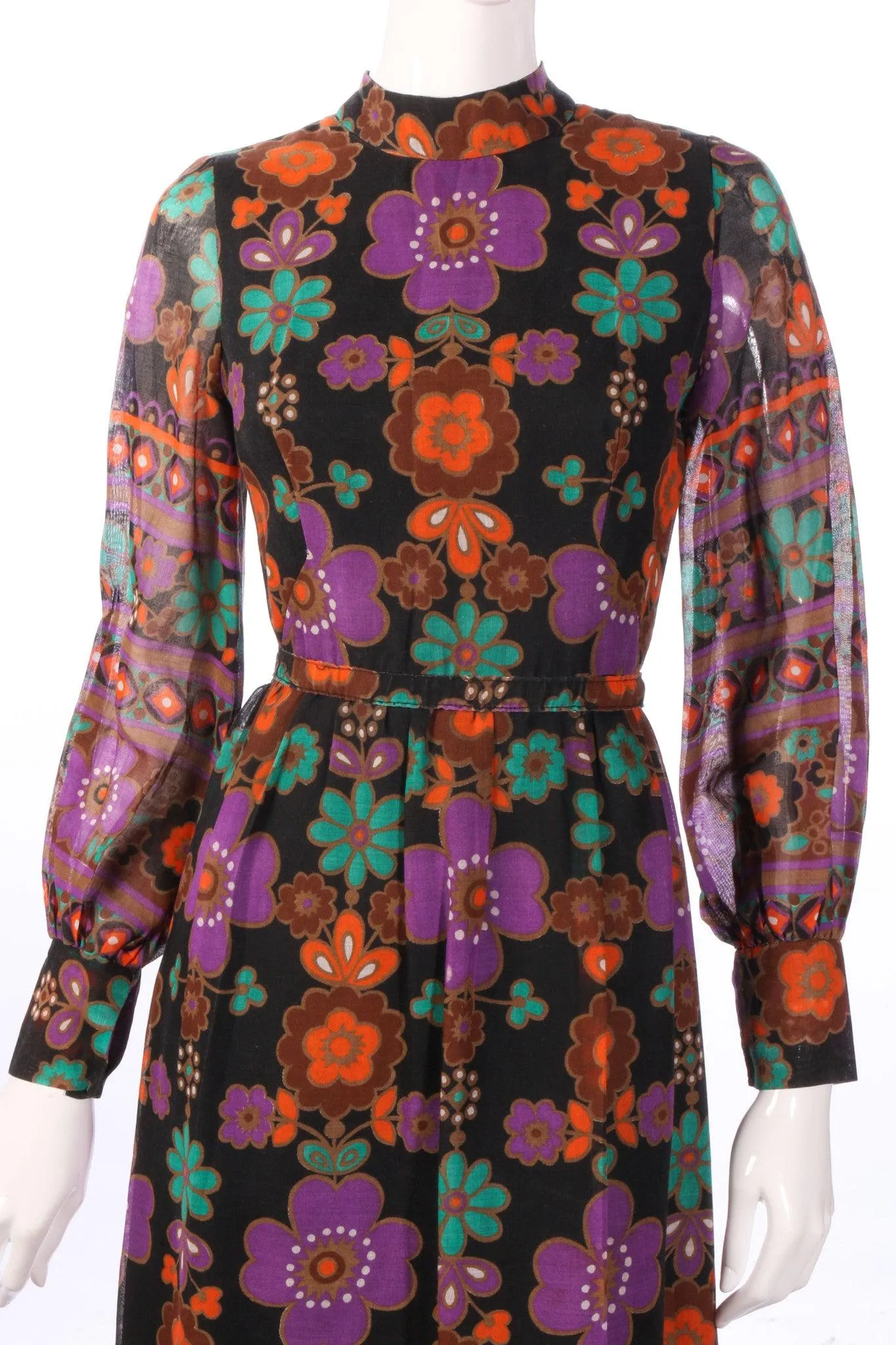 Full length purple and orange floral dress with sheer sleeves, size 8/10