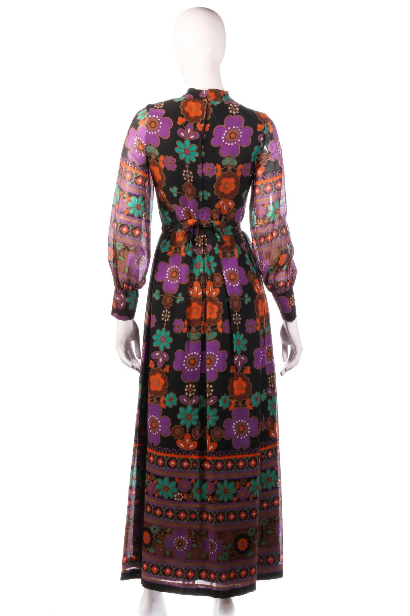 Full length purple and orange floral dress with sheer sleeves, size 8/10