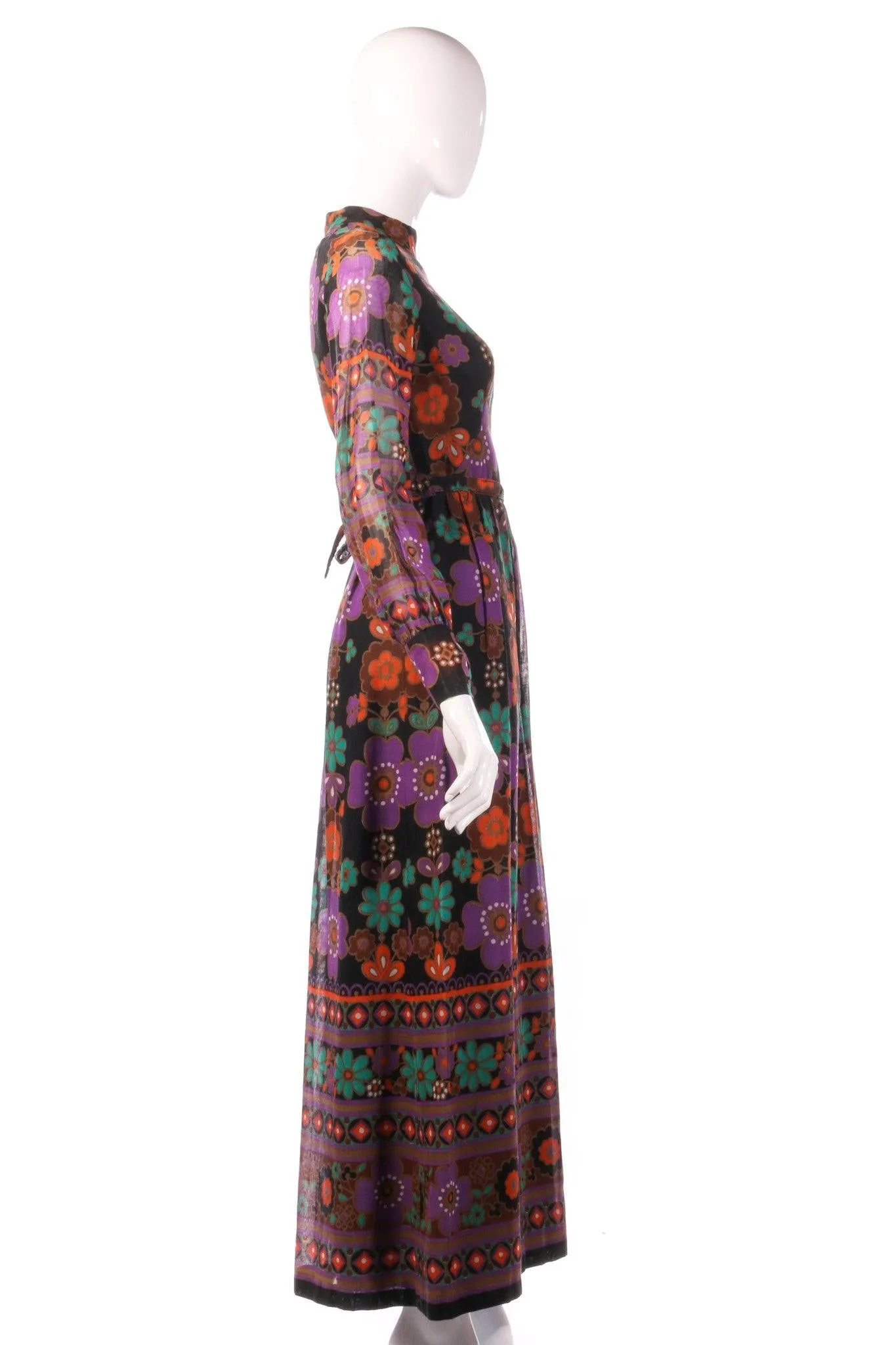 Full length purple and orange floral dress with sheer sleeves, size 8/10