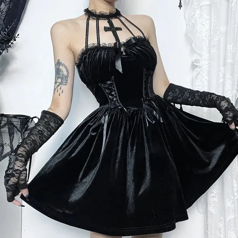 Gothic Velvet Criss-Cross Halter Dress Vintage Draped Lace Sleeveless Bodycon Backless A-Line Cocktail Party Dress