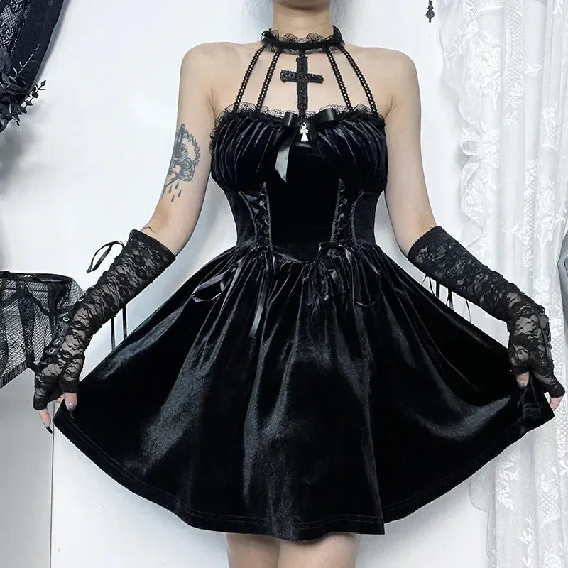 Gothic Velvet Criss-Cross Halter Dress Vintage Draped Lace Sleeveless Bodycon Backless A-Line Cocktail Party Dress