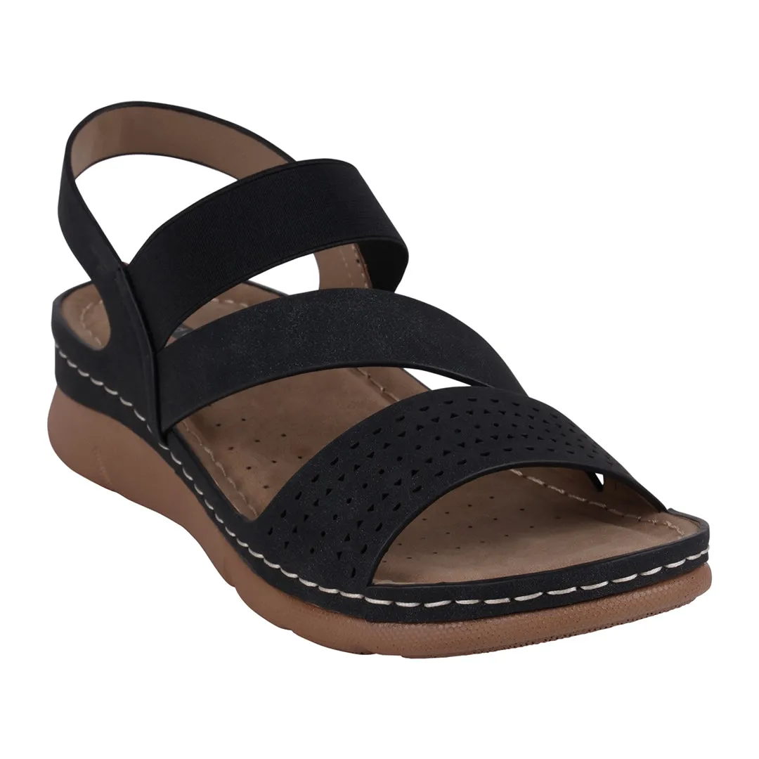 Grange Black Perforated Strappy Elastic Comfort Flat Sandals