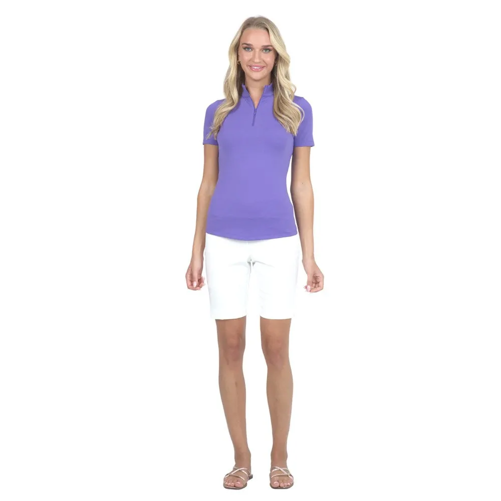 IBKUL Women's Short Sleeve Zip Mock Neck Polo - Plum