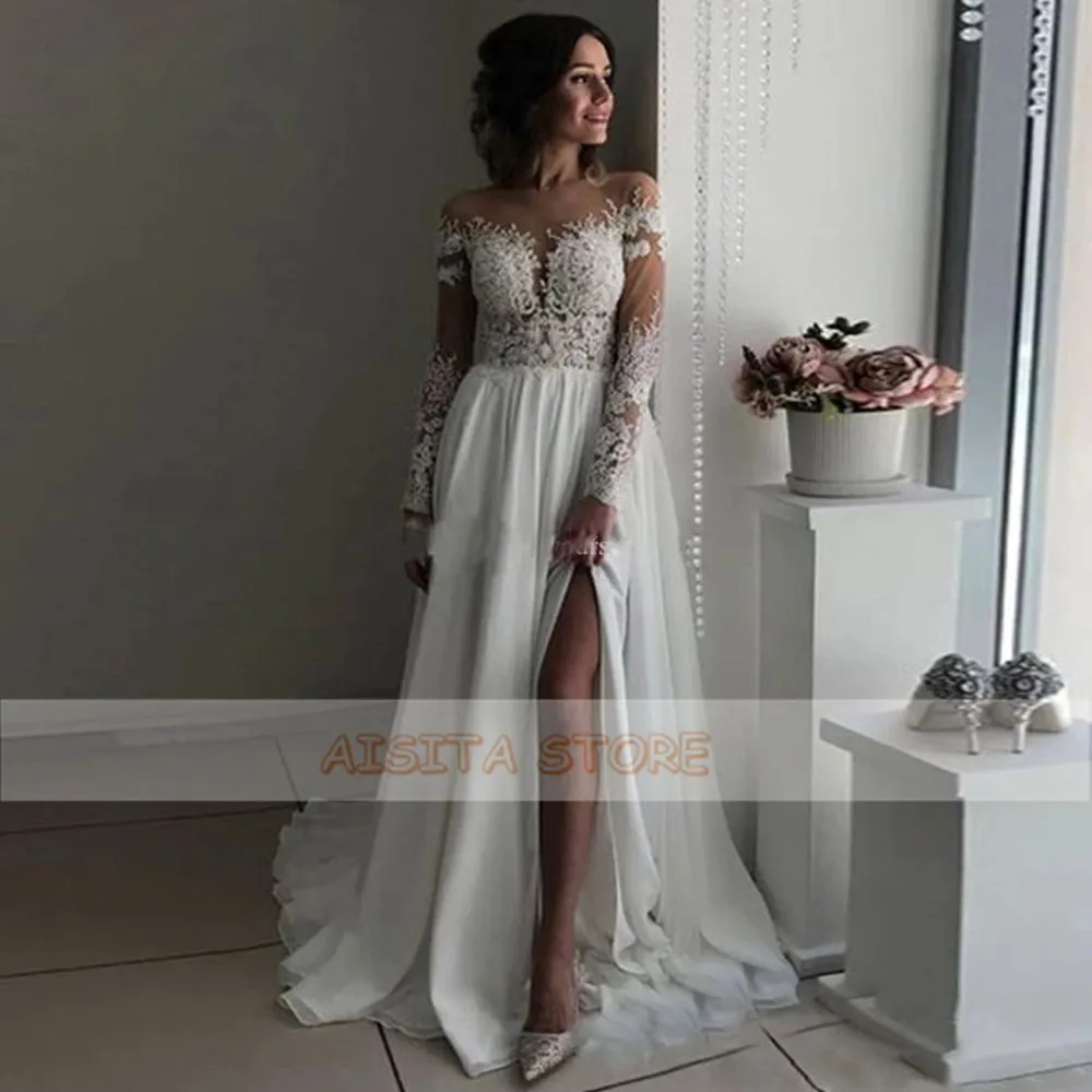 Lace Appliques Wedding Dresses  Off the Shoulder A-Line High Side Slit Long Sleeve Chiffon Court Train Beach Bridal Gowns