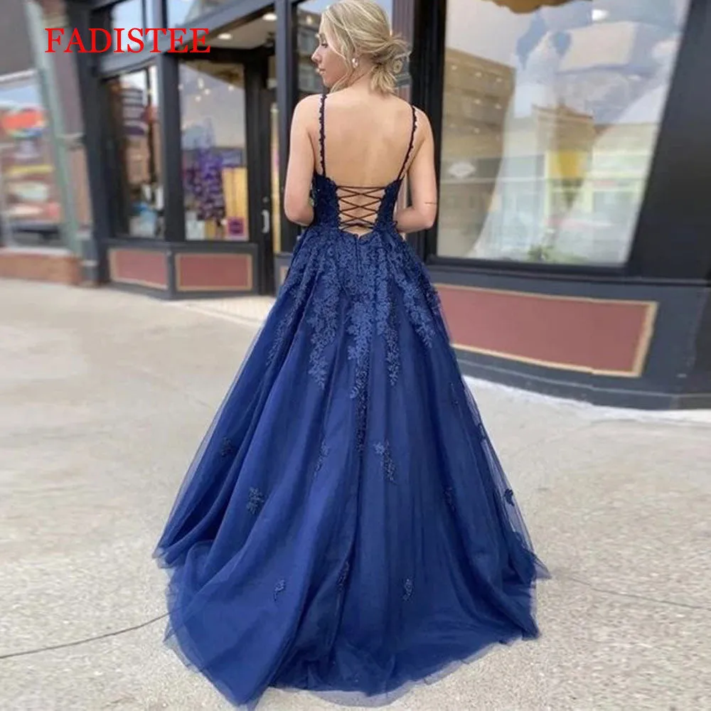 Lace navy blue V-neck vestidos de fiesta de noche prom party Evening Dresses robe de soiree gown frock long soft tulle lace-up