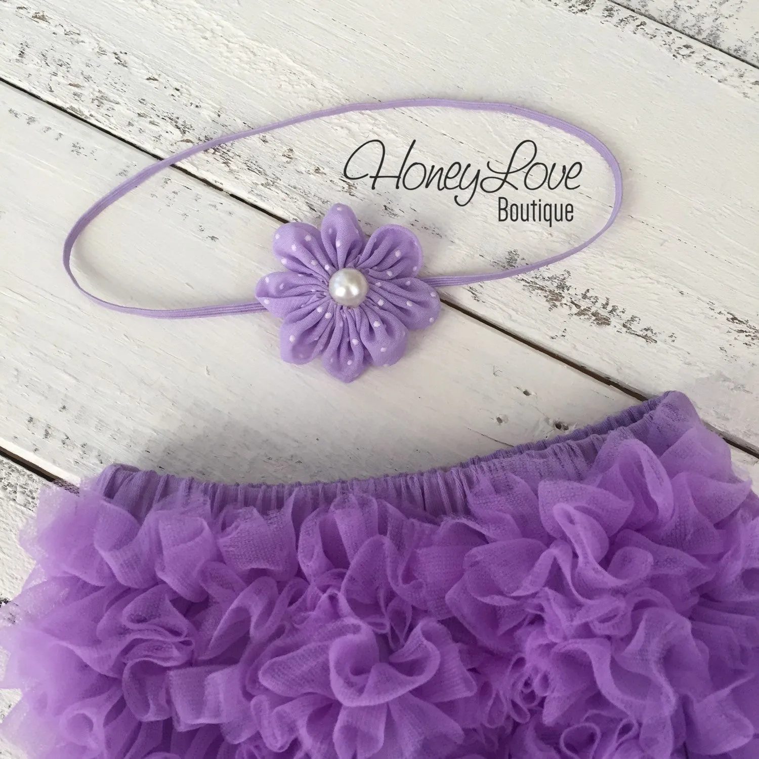 Lavender Purple ruffle bottom bloomer and polka dot flower/skinny headband