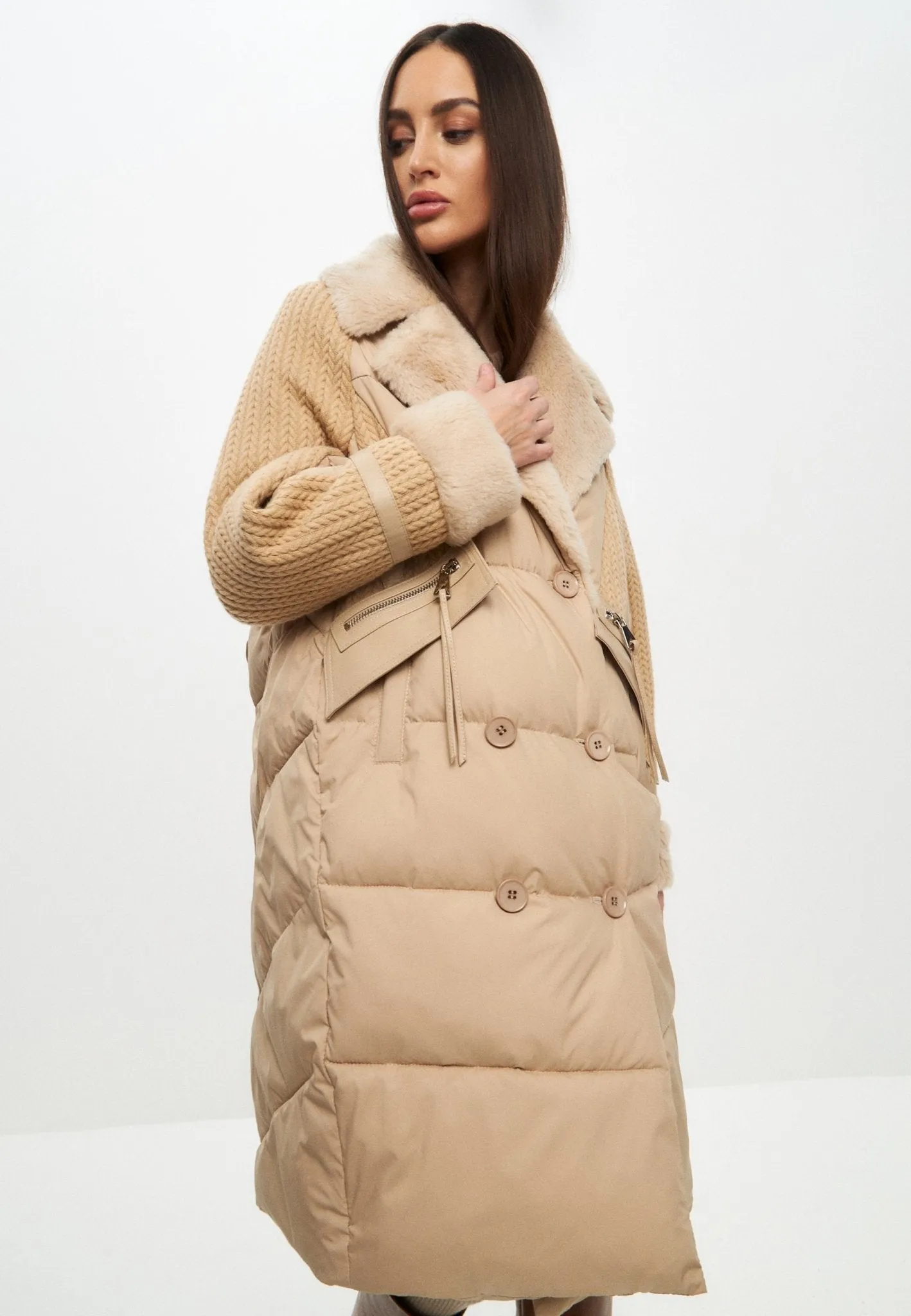 Long Quilted Coat Oversize Style - Beige