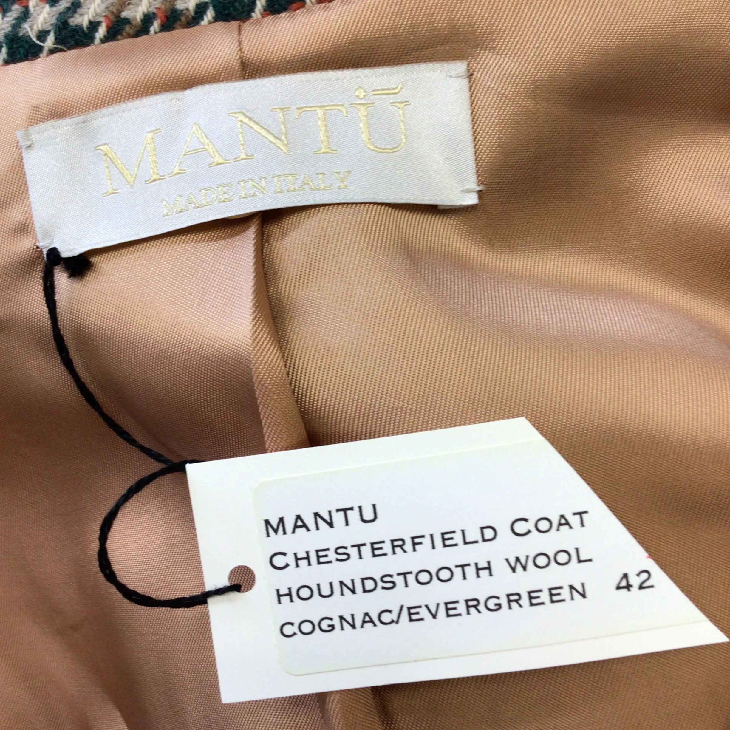 Mantu Cognac / Evergreen Chesterfield Double Breasted Houndstooth Wool Coat