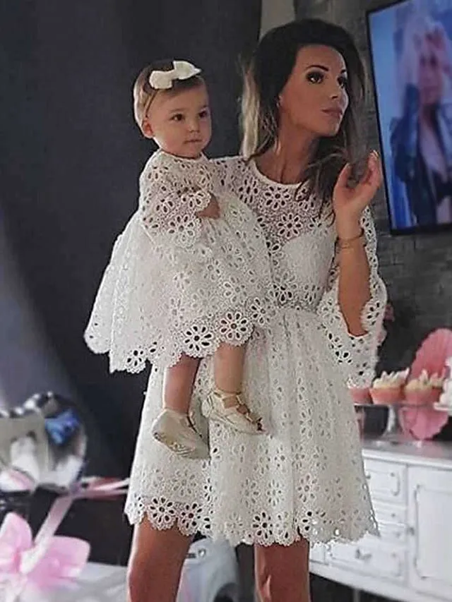 Mommy and Me Dresses Cotton Solid Colored Flower Party Lace White Half Sleeve Knee-length Mommy And Me Outfits Wedding Flowers Matching Outfits