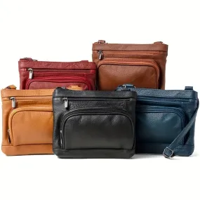 Multi-Pocket Wide Crossbody Wide Leather Bag