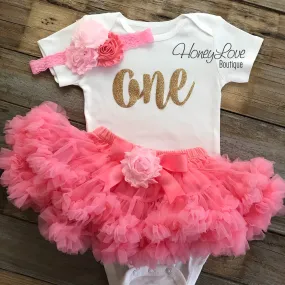 One - Birthday Outfit - Coral Pink and Gold Glitter - embellished pettiskirt