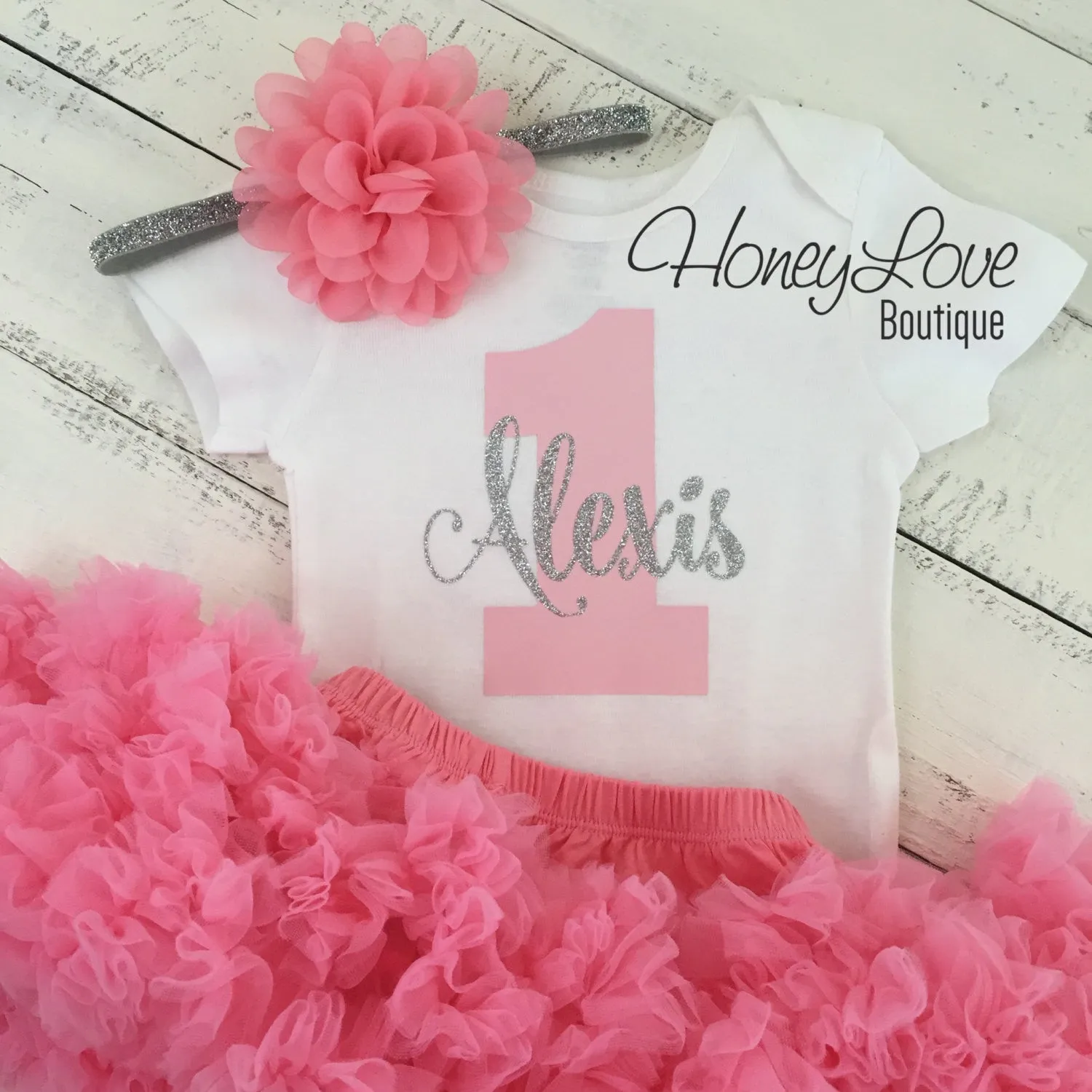 Personalized 1st Birthday Outfit - Silver/Gold glitter and Coral Pink