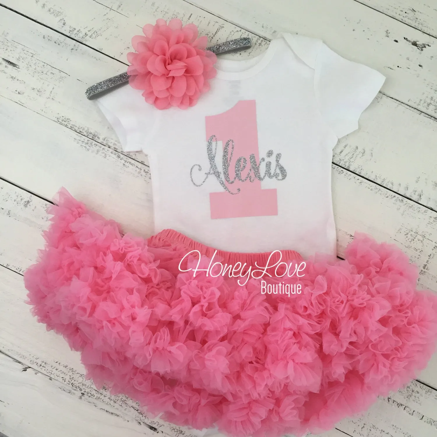 Personalized 1st Birthday Outfit - Silver/Gold glitter and Coral Pink