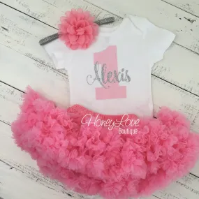 Personalized 1st Birthday Outfit - Silver/Gold glitter and Coral Pink