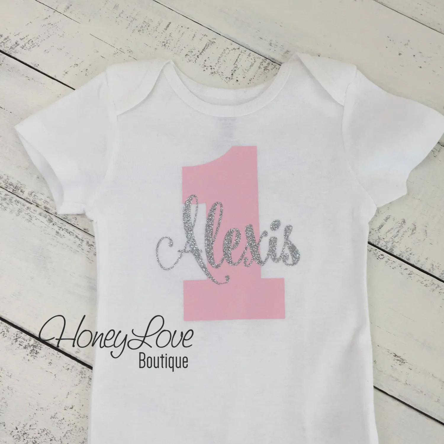 Personalized 1st Birthday Outfit - Silver/Gold glitter and Coral Pink