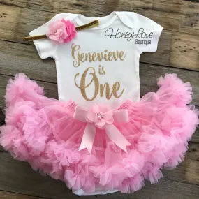 Personalized Name "is One" - 1st Birthday Outfit - Light Pink and Silver/Gold Glitter - embellished pettiskirt